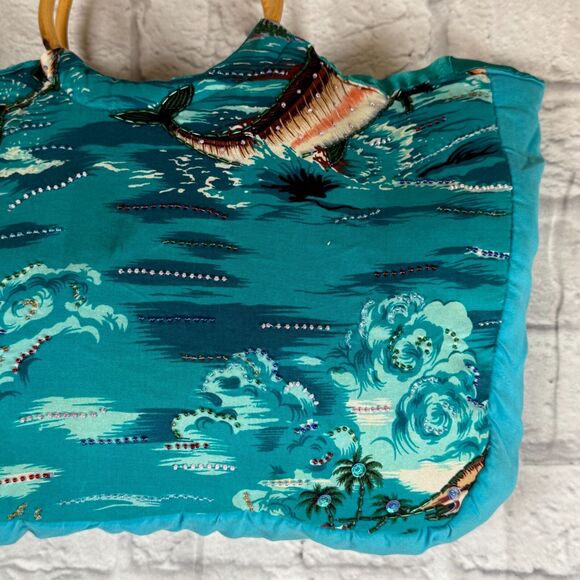 VTG Marlin Tropical Hawaiian Beaded Tote Handbag Purse Swordfish Bamboo Handles - Picture 9 of 16